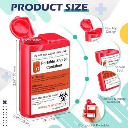 Baderke 2er-Pack Reise-Spitzbehälter für scharfe Gegenstände, 80 ml, klein, für zu Hause, für Diabetikerzubehör, Nadeln, Lanzetten, Teststreifen (Rot)