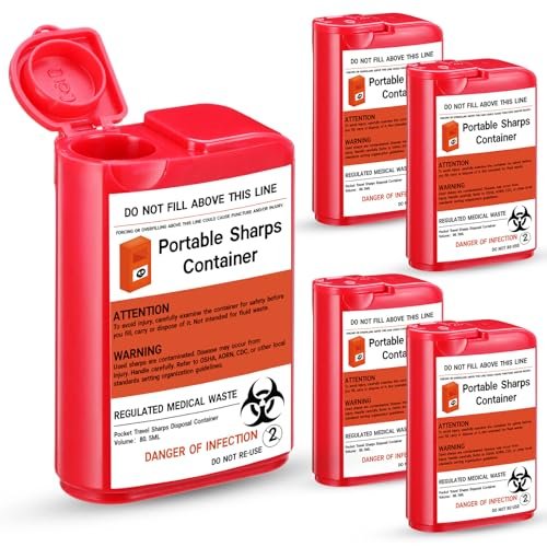 Baderke 5er-Pack Reise-Spritzenbehälter für scharfe Gegenstände, kleine 80-ml-Behälter für zu Hause, einfach zu verwenden für Diabetiker-Nadeln, Lanzetten, Teststreifen (Rot)