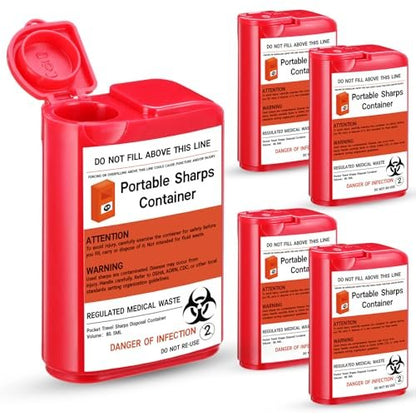 Baderke 5er-Pack Reise-Spritzenbehälter für scharfe Gegenstände, kleine 80-ml-Behälter für zu Hause, einfach zu verwenden für Diabetiker-Nadeln, Lanzetten, Teststreifen (Rot)