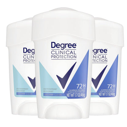 Degree Clinical Protection Antiperspirant Deodorant für Frauen – 3er-Pack 72-Stunden-Schutz gegen Schweiß & Geruch, Shower Clean, 48 g
