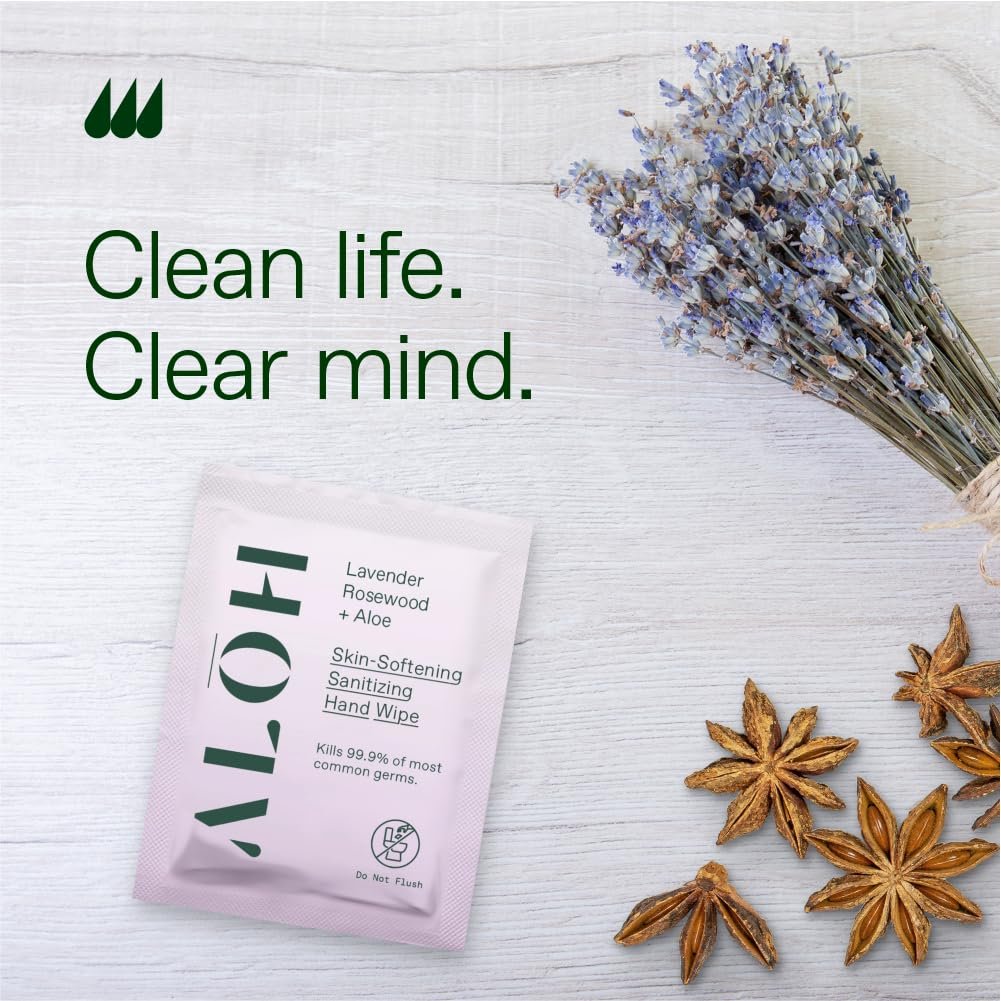 ALŌH Skin- Softening Sanitizing Hand Wipes – Lavender Rosewood + Aloe – 1 Box mit 20 einzeln verpackten Tüchern