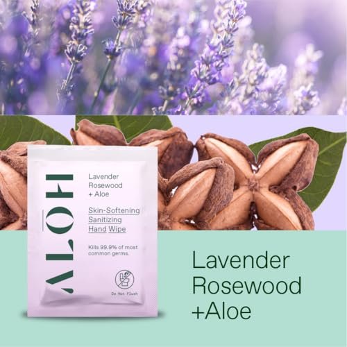 ALŌH Skin- Softening Sanitizing Hand Wipes – Lavender Rosewood + Aloe – 1 Box mit 20 einzeln verpackten Tüchern