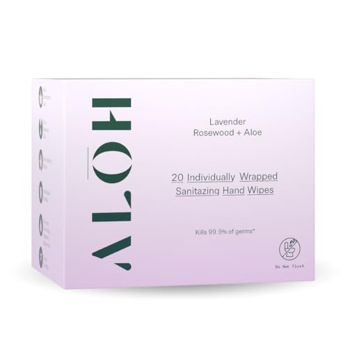 ALŌH Skin- Softening Sanitizing Hand Wipes – Lavender Rosewood + Aloe – 1 Box mit 20 einzeln verpackten Tüchern