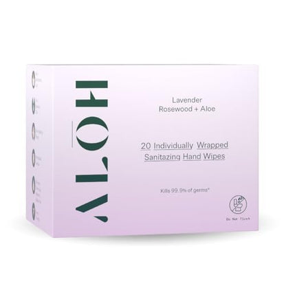 ALŌH Skin- Softening Sanitizing Hand Wipes – Lavender Rosewood + Aloe – 1 Box mit 20 einzeln verpackten Tüchern
