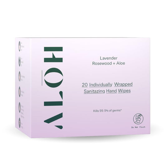 ALŌH Skin- Softening Sanitizing Hand Wipes – Lavender Rosewood + Aloe – 1 Box mit 20 einzeln verpackten Tüchern