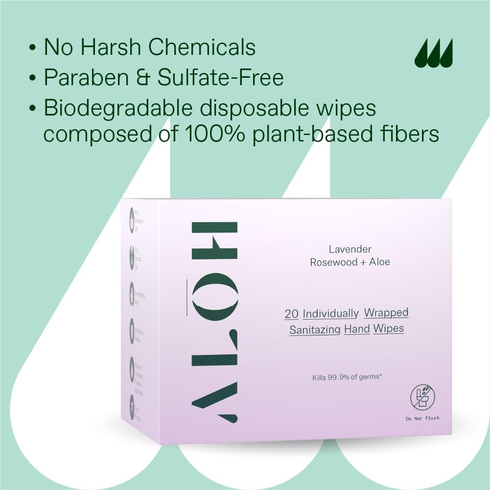 ALŌH Skin- Softening Sanitizing Hand Wipes – Lavender Rosewood + Aloe – 1 Box mit 20 einzeln verpackten Tüchern