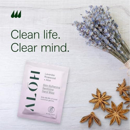 ALŌH Skin- Softening Sanitizing Hand Wipes – Lavender Rosewood + Aloe – 1 Box mit 20 einzeln verpackten Tüchern