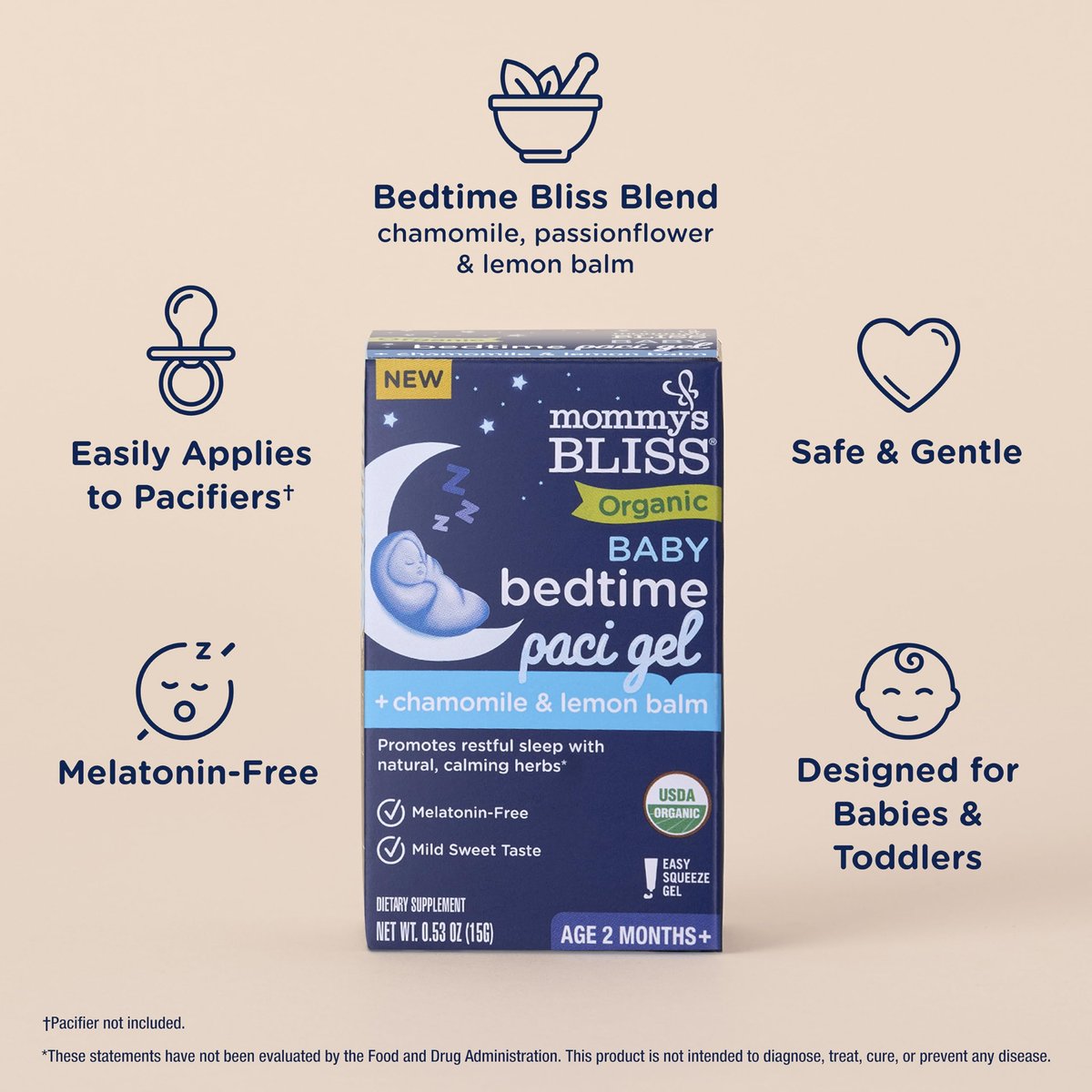 Mommy's Bliss Bio Baby Schlafberuhigungsgel für den Schnuller, Fördert erholsamen Schlaf*, Ohne Melatonin, Ab 2 Monaten, 0,53 Fl Oz