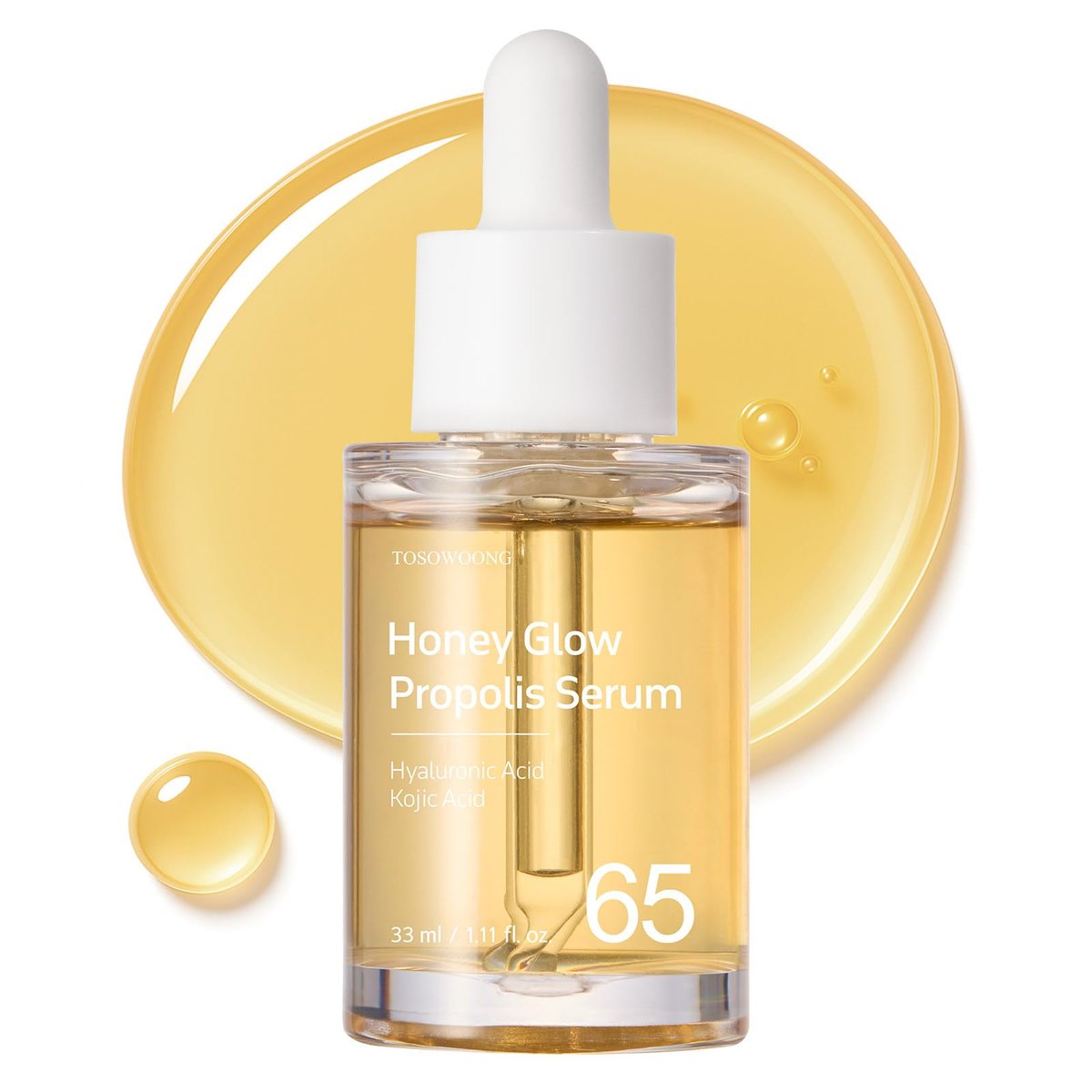 TOSOWOONG Honey Glow 65% Propolis Serum mit Hyaluronsäure, Kojisäure, Niacinamid – feuchtigkeitsspendendes Gesichtsserum für beruhigte Haut und ebenmäßigen Teint, Glas-Haut-Effekt, koreanische Hautpflege, 33 ml