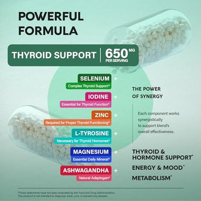 Thyroid Support für Frauen - Selen 200 mcg | Astragalus | Zink & Jod | L-Tyrosin | Adaptogene Kräuter - 21-in-1 Antioxidans & Immununterstützung - Vegan, Nicht-GVO - Laborgetestet - 60 Kapseln