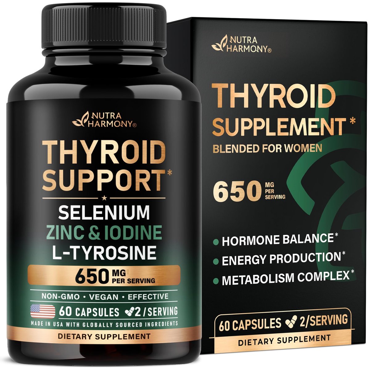 Thyroid Support für Frauen - Selen 200 mcg | Astragalus | Zink & Jod | L-Tyrosin | Adaptogene Kräuter - 21-in-1 Antioxidans & Immununterstützung - Vegan, Nicht-GVO - Laborgetestet - 60 Kapseln