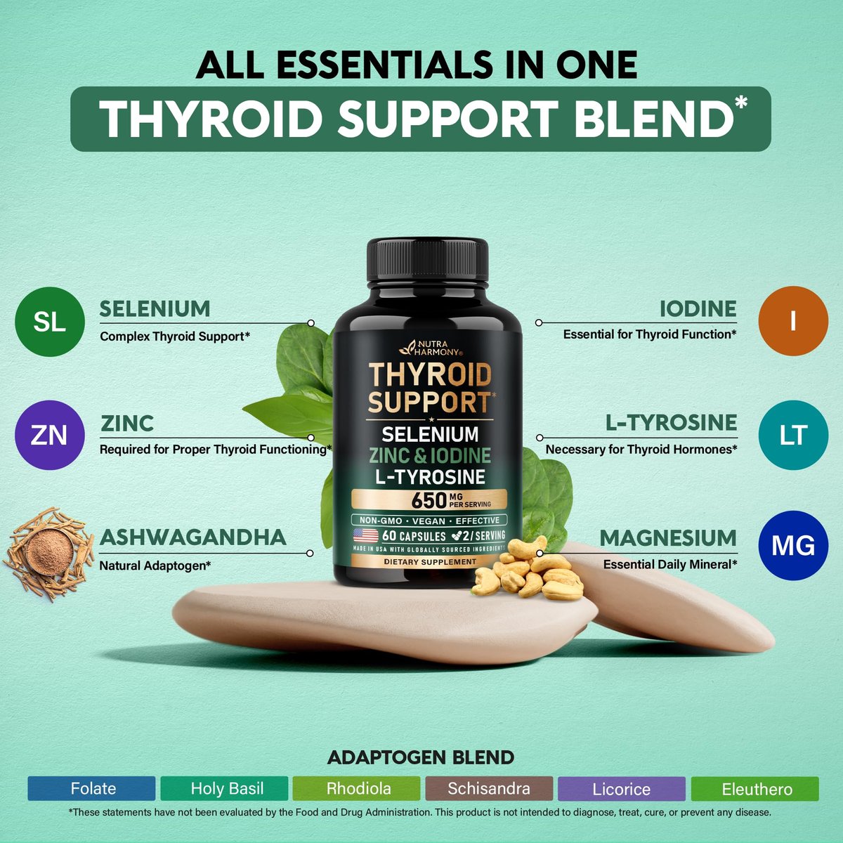 Thyroid Support für Frauen - Selen 200 mcg | Astragalus | Zink & Jod | L-Tyrosin | Adaptogene Kräuter - 21-in-1 Antioxidans & Immununterstützung - Vegan, Nicht-GVO - Laborgetestet - 60 Kapseln