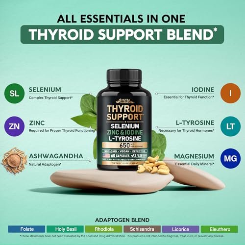 Thyroid Support für Frauen - Selen 200 mcg | Astragalus | Zink & Jod | L-Tyrosin | Adaptogene Kräuter - 21-in-1 Antioxidans & Immununterstützung - Vegan, Nicht-GVO - Laborgetestet - 60 Kapseln