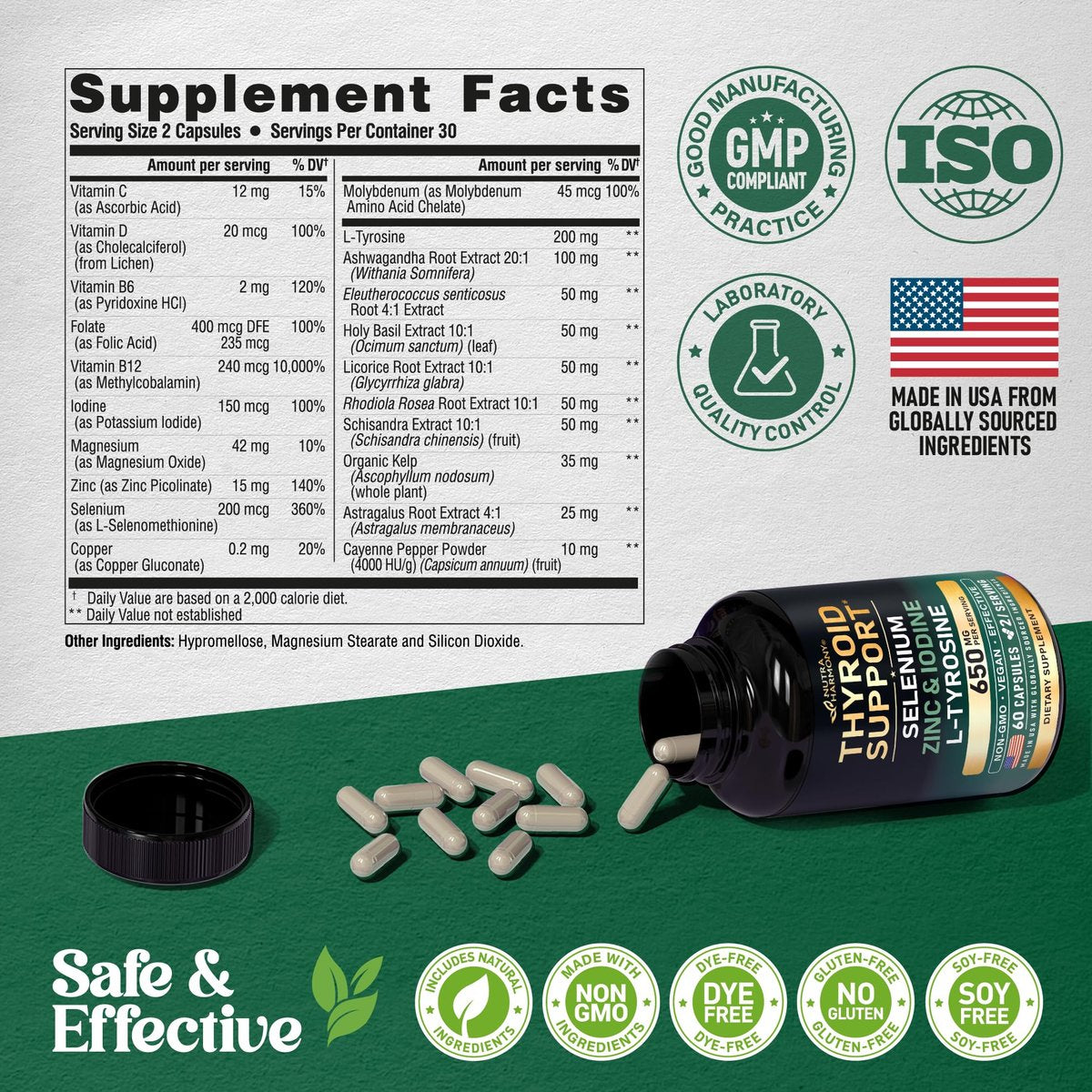 Thyroid Support für Frauen - Selen 200 mcg | Astragalus | Zink & Jod | L-Tyrosin | Adaptogene Kräuter - 21-in-1 Antioxidans & Immununterstützung - Vegan, Nicht-GVO - Laborgetestet - 60 Kapseln