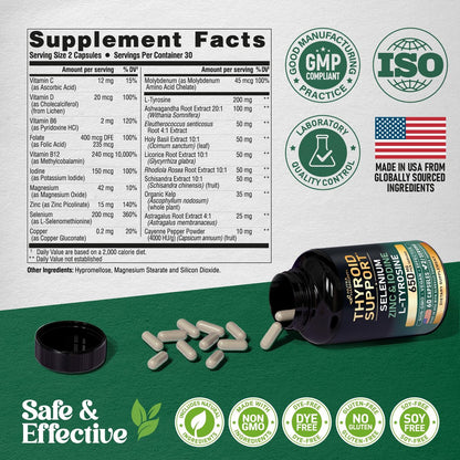 Thyroid Support für Frauen - Selen 200 mcg | Astragalus | Zink & Jod | L-Tyrosin | Adaptogene Kräuter - 21-in-1 Antioxidans & Immununterstützung - Vegan, Nicht-GVO - Laborgetestet - 60 Kapseln