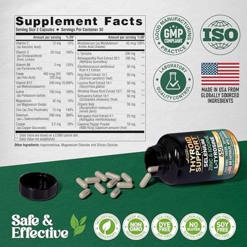 Thyroid Support für Frauen - Selen 200 mcg | Astragalus | Zink & Jod | L-Tyrosin | Adaptogene Kräuter - 21-in-1 Antioxidans & Immununterstützung - Vegan, Nicht-GVO - Laborgetestet - 60 Kapseln