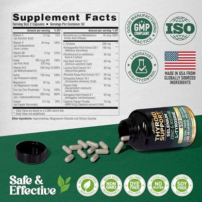 Thyroid Support für Frauen - Selen 200 mcg | Astragalus | Zink & Jod | L-Tyrosin | Adaptogene Kräuter - 21-in-1 Antioxidans & Immununterstützung - Vegan, Nicht-GVO - Laborgetestet - 60 Kapseln