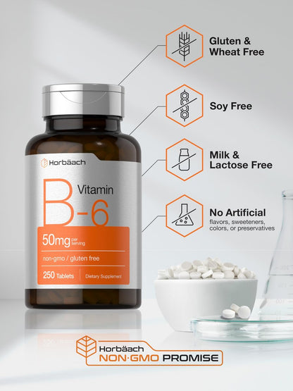 Horbäach Vitamin B6 50mg | 250 Tabletten | Nicht-GVO & Glutenfrei