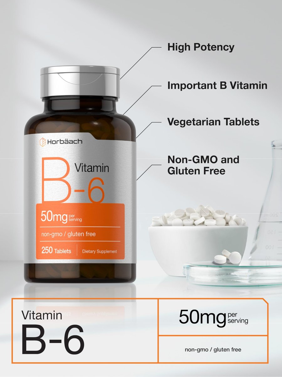 Horbäach Vitamin B6 50mg | 250 Tabletten | Nicht-GVO & Glutenfrei