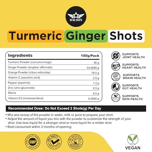 Kurkuma-Ingwer-Shots mit Piperin, Vitaminen, Zink & Kräutern | Unterstützt Gelenke, Herz, Gehirn, Darm & Haut | Stärkt Immunsystem & Energie | 100 Shots
