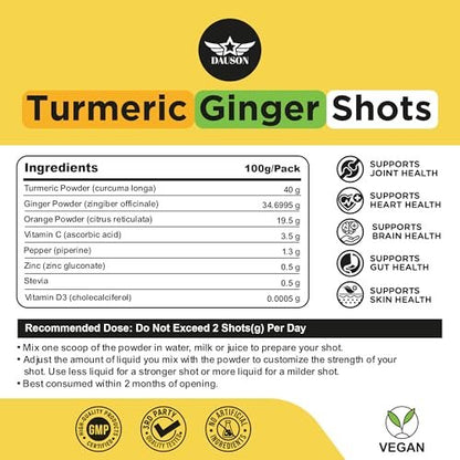Kurkuma-Ingwer-Shots mit Piperin, Vitaminen, Zink & Kräutern | Unterstützt Gelenke, Herz, Gehirn, Darm & Haut | Stärkt Immunsystem & Energie | 100 Shots