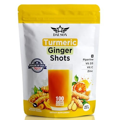 Kurkuma-Ingwer-Shots mit Piperin, Vitaminen, Zink & Kräutern | Unterstützt Gelenke, Herz, Gehirn, Darm & Haut | Stärkt Immunsystem & Energie | 100 Shots