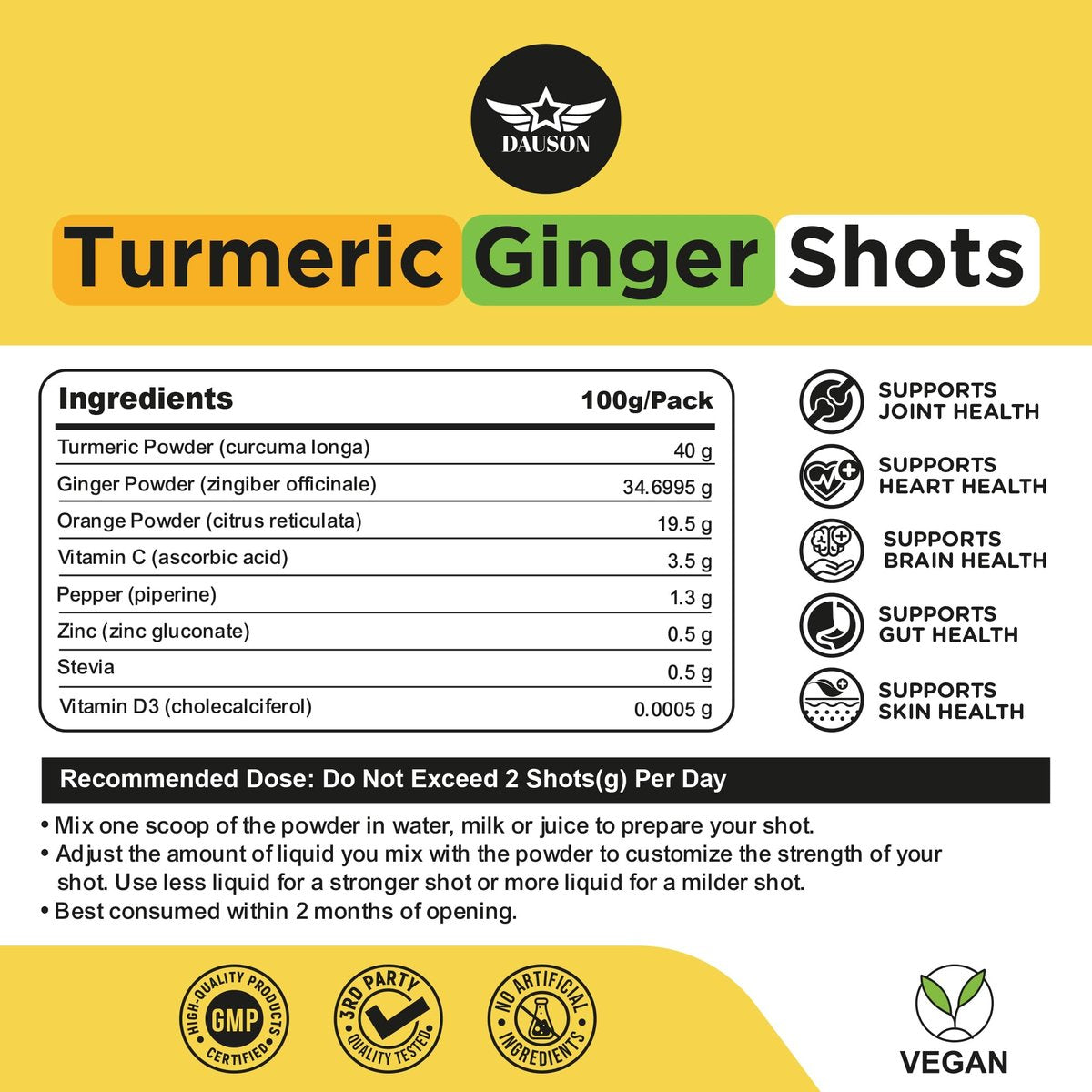 Kurkuma-Ingwer-Shots mit Piperin, Vitaminen, Zink & Kräutern | Unterstützt Gelenke, Herz, Gehirn, Darm & Haut | Stärkt Immunsystem & Energie | 100 Shots