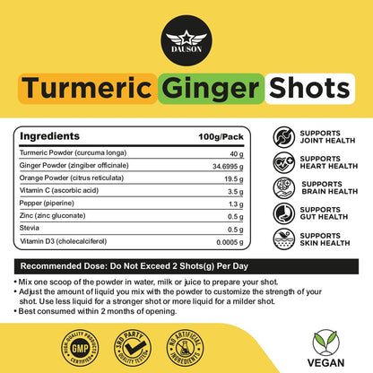 Kurkuma-Ingwer-Shots mit Piperin, Vitaminen, Zink & Kräutern | Unterstützt Gelenke, Herz, Gehirn, Darm & Haut | Stärkt Immunsystem & Energie | 100 Shots