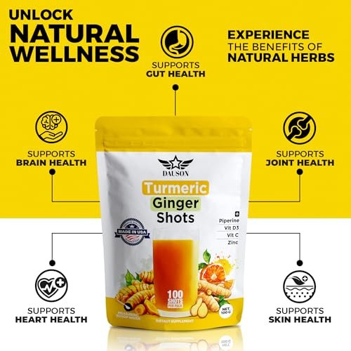 Kurkuma-Ingwer-Shots mit Piperin, Vitaminen, Zink & Kräutern | Unterstützt Gelenke, Herz, Gehirn, Darm & Haut | Stärkt Immunsystem & Energie | 100 Shots