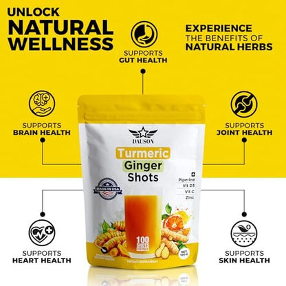Kurkuma-Ingwer-Shots mit Piperin, Vitaminen, Zink & Kräutern | Unterstützt Gelenke, Herz, Gehirn, Darm & Haut | Stärkt Immunsystem & Energie | 100 Shots