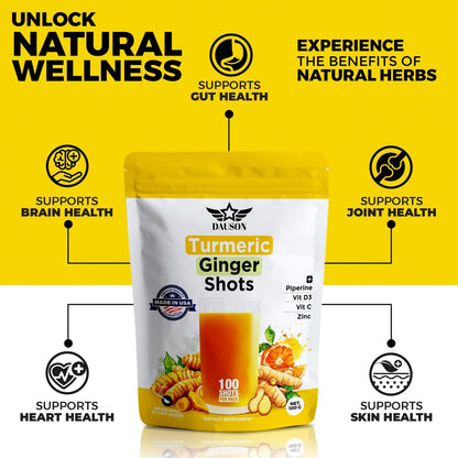 Kurkuma-Ingwer-Shots mit Piperin, Vitaminen, Zink & Kräutern | Unterstützt Gelenke, Herz, Gehirn, Darm & Haut | Stärkt Immunsystem & Energie | 100 Shots