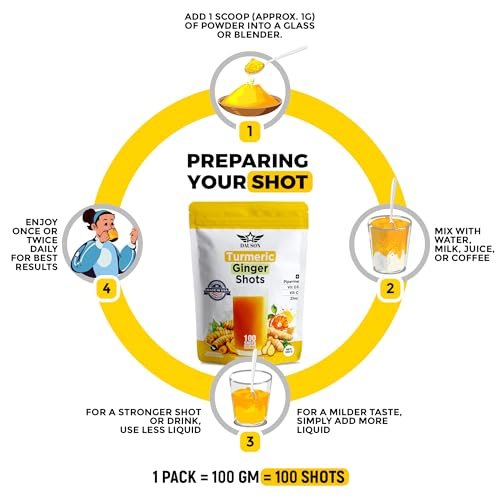 Kurkuma-Ingwer-Shots mit Piperin, Vitaminen, Zink & Kräutern | Unterstützt Gelenke, Herz, Gehirn, Darm & Haut | Stärkt Immunsystem & Energie | 100 Shots