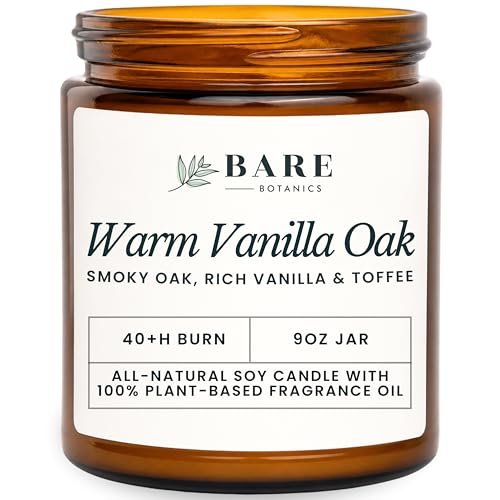 Bare Botanics Nicht-Giftige Warme Vanille Eiche 9oz Sojakerze – 100% Pflanzliche Duftöle – Handgegossen in WI – 40+ Stunden Brenndauer