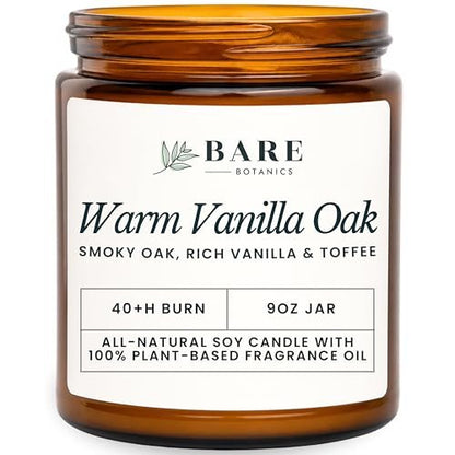 Bare Botanics Nicht-Giftige Warme Vanille Eiche 9oz Sojakerze – 100% Pflanzliche Duftöle – Handgegossen in WI – 40+ Stunden Brenndauer