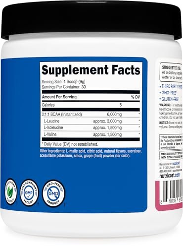 Nutricost BCAA Pulver 2:1:1 (Granatapfel Guave, 30 Portionen) – Verzweigtkettige Aminosäuren