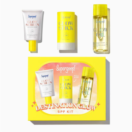 Supergoop! Destination Glow – 3 Reisegrößen mit leuchtendem SPF: Glowscreen SPF 40, Glow Stick SPF 50 und Glow Oil SPF 50
