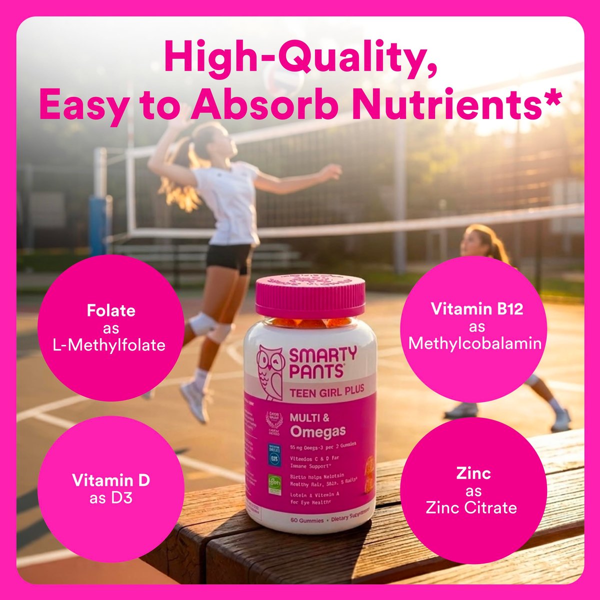 SmartyPants Teen Girl Multivitamin Gummis | Omega 3, Vitamin C, D3, B12, Zink & Biotin | 60 Stück (30-Tage-Vorrat)