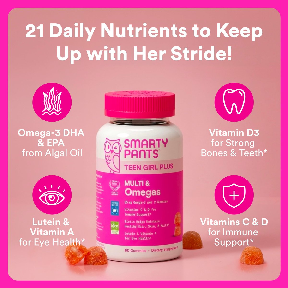 SmartyPants Teen Girl Multivitamin Gummis | Omega 3, Vitamin C, D3, B12, Zink & Biotin | 60 Stück (30-Tage-Vorrat)