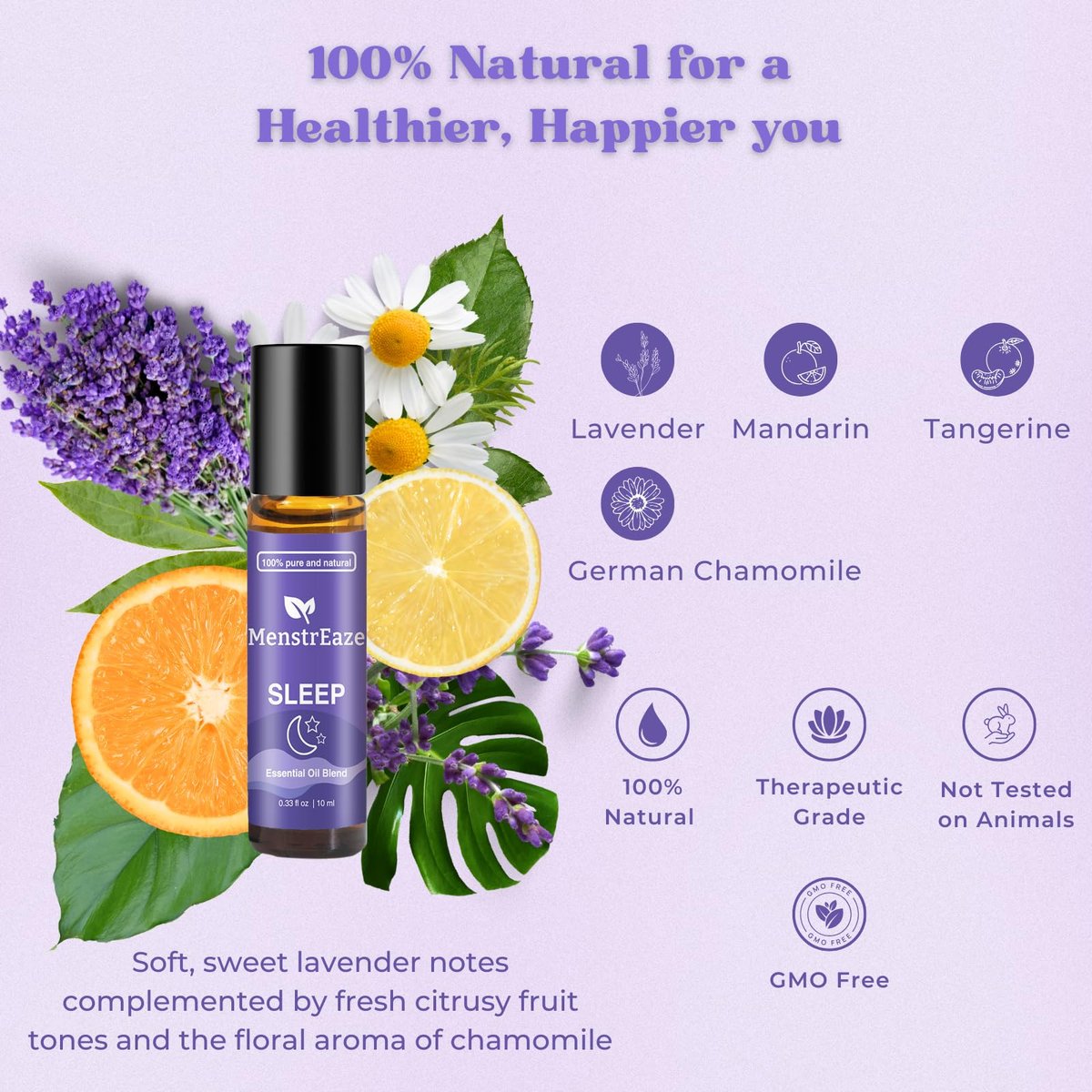 Natürliches Schlaföl Roll-On, 100% natürliche Tiefenentspannungsmischung mit Lavendel, Kamille, Süßorange Aromatherapieölen, 10 ml