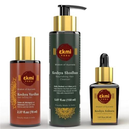 EKMIVEDA Haarwachstum Set mit ayurvedischen Kräutern - Bhringraj, Rizinus, Amla, Rosmarin für Haarwachstum. Sulfatfreie Haarverdickungsprodukte, 3 Teile - Öl, Shampoo & Redensyl Serum, 250 ml