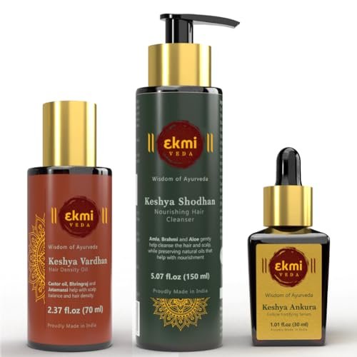 EKMIVEDA Haarwachstum Set mit ayurvedischen Kräutern - Bhringraj, Rizinus, Amla, Rosmarin für Haarwachstum. Sulfatfreie Haarverdickungsprodukte, 3 Teile - Öl, Shampoo & Redensyl Serum, 250 ml