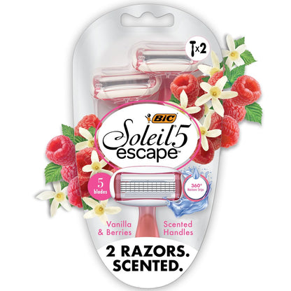 BIC Soleil 5 Escape Damen Einwegrasierer mit 5 Klingen, Vanille- und Beerenduft, 2er-Pack