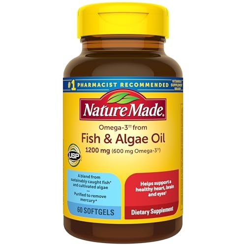 Nature Made Omega 3 Fischöl und Algenöl Kapseln, 1200 mg, Algenöl & Fischöl Mischung, Omega 3 Supplement für Herz, Gehirn und Augen, 1 pro Tag, 60 Weichkapseln