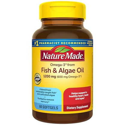 Nature Made Omega 3 Fischöl und Algenöl Kapseln, 1200 mg, Algenöl & Fischöl Mischung, Omega 3 Supplement für Herz, Gehirn und Augen, 1 pro Tag, 60 Weichkapseln
