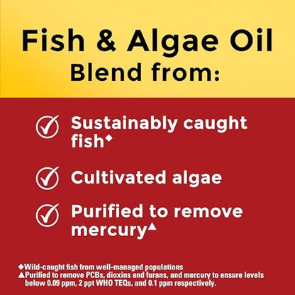 Nature Made Omega 3 Fischöl und Algenöl Kapseln, 1200 mg, Algenöl & Fischöl Mischung, Omega 3 Supplement für Herz, Gehirn und Augen, 1 pro Tag, 60 Weichkapseln