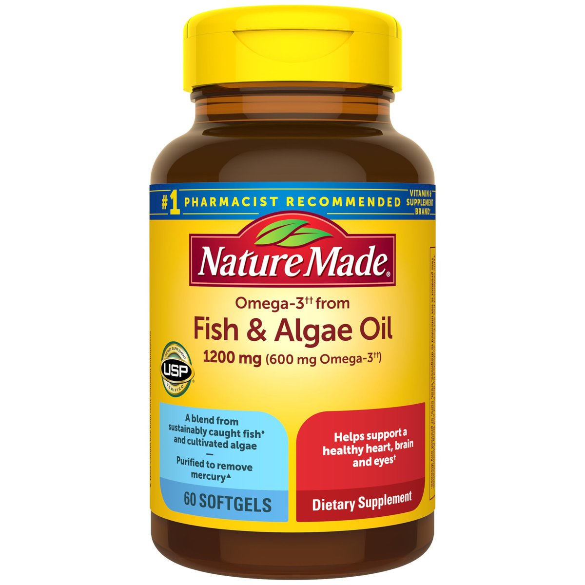Nature Made Omega 3 Fischöl und Algenöl Kapseln, 1200 mg, Algenöl & Fischöl Mischung, Omega 3 Supplement für Herz, Gehirn und Augen, 1 pro Tag, 60 Weichkapseln