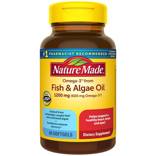 Nature Made Omega 3 Fischöl und Algenöl Kapseln, 1200 mg, Algenöl & Fischöl Mischung, Omega 3 Supplement für Herz, Gehirn und Augen, 1 pro Tag, 60 Weichkapseln