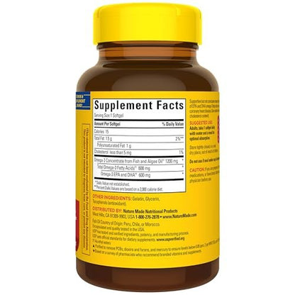 Nature Made Omega 3 Fischöl und Algenöl Kapseln, 1200 mg, Algenöl & Fischöl Mischung, Omega 3 Supplement für Herz, Gehirn und Augen, 1 pro Tag, 60 Weichkapseln