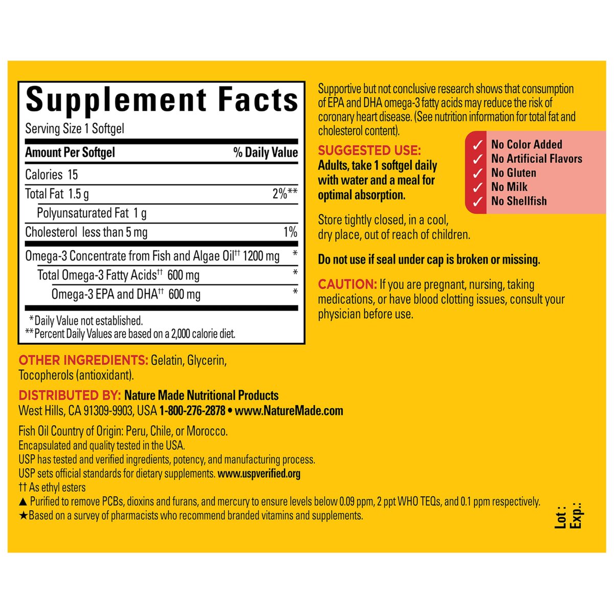 Nature Made Omega 3 Fischöl und Algenöl Kapseln, 1200 mg, Algenöl & Fischöl Mischung, Omega 3 Supplement für Herz, Gehirn und Augen, 1 pro Tag, 60 Weichkapseln