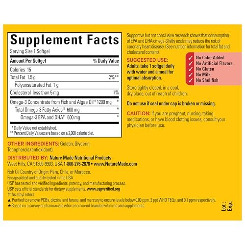 Nature Made Omega 3 Fischöl und Algenöl Kapseln, 1200 mg, Algenöl & Fischöl Mischung, Omega 3 Supplement für Herz, Gehirn und Augen, 1 pro Tag, 60 Weichkapseln